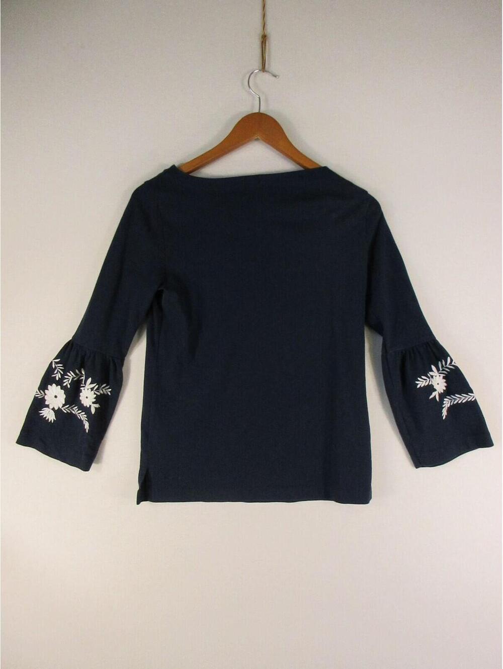 JCrew Top Womens XS Navy Embroidered Bell Sleeve Floral Knit Scoop Neck Pullover - Picture 5 of 6